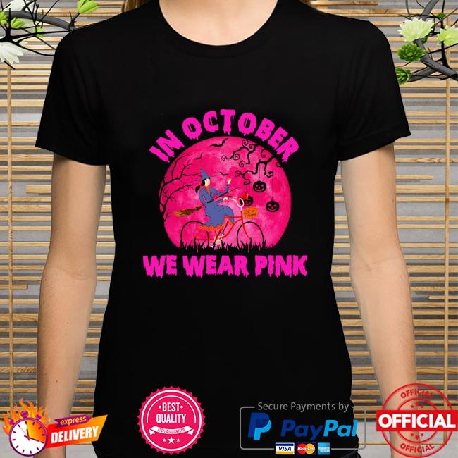 Witch Flying In October We Wear Pink Breast Cancer Halloween Women Tshirt Black